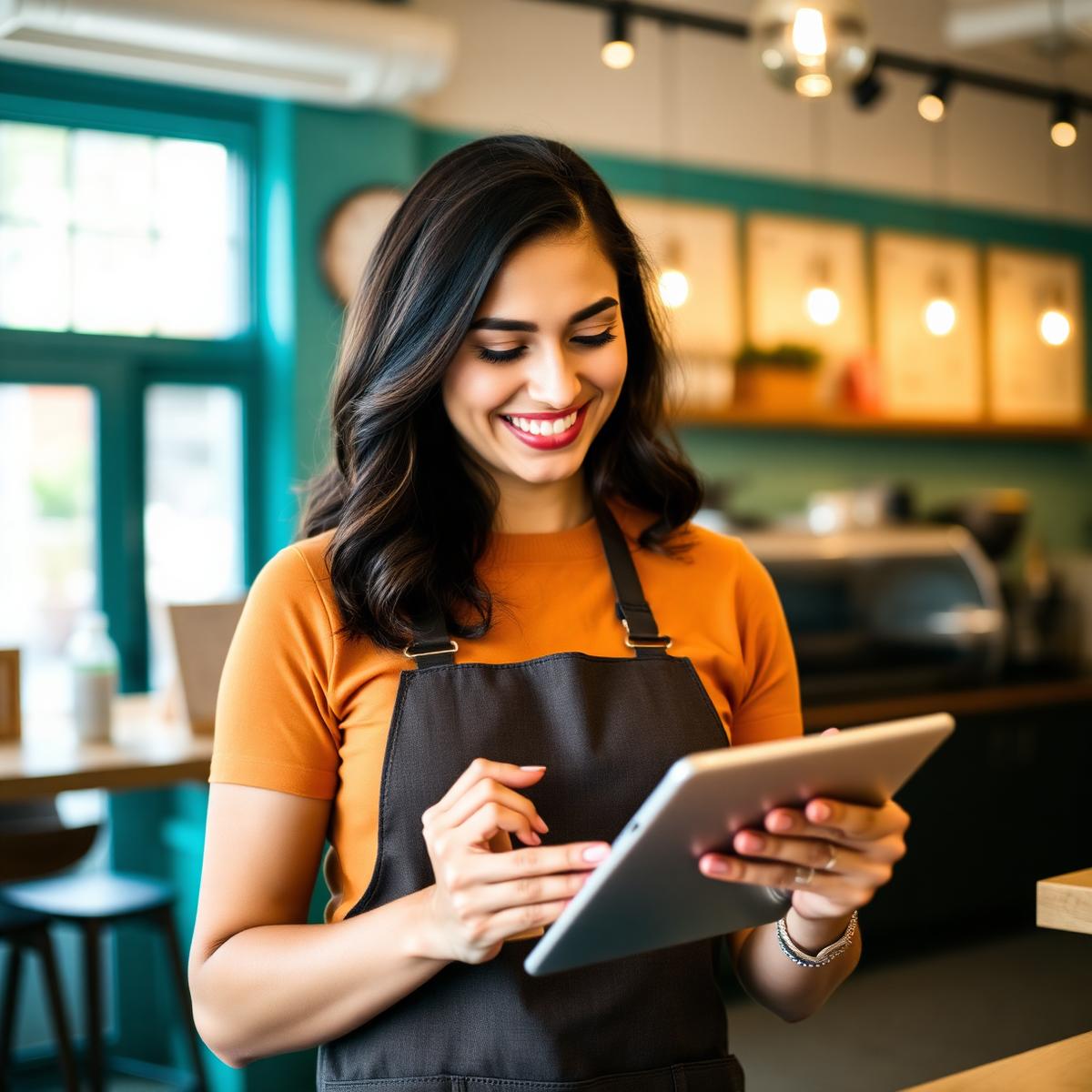 Small business owner reviewing new customer inquiries on a tablet in her shop